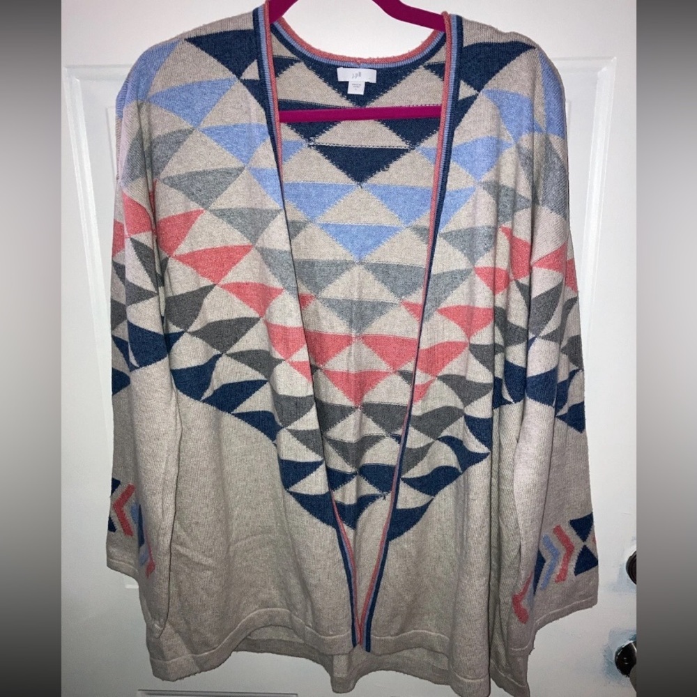 J Jill Open Front Cardigan Cream Multicolor With Triangle Design Size Large 9707